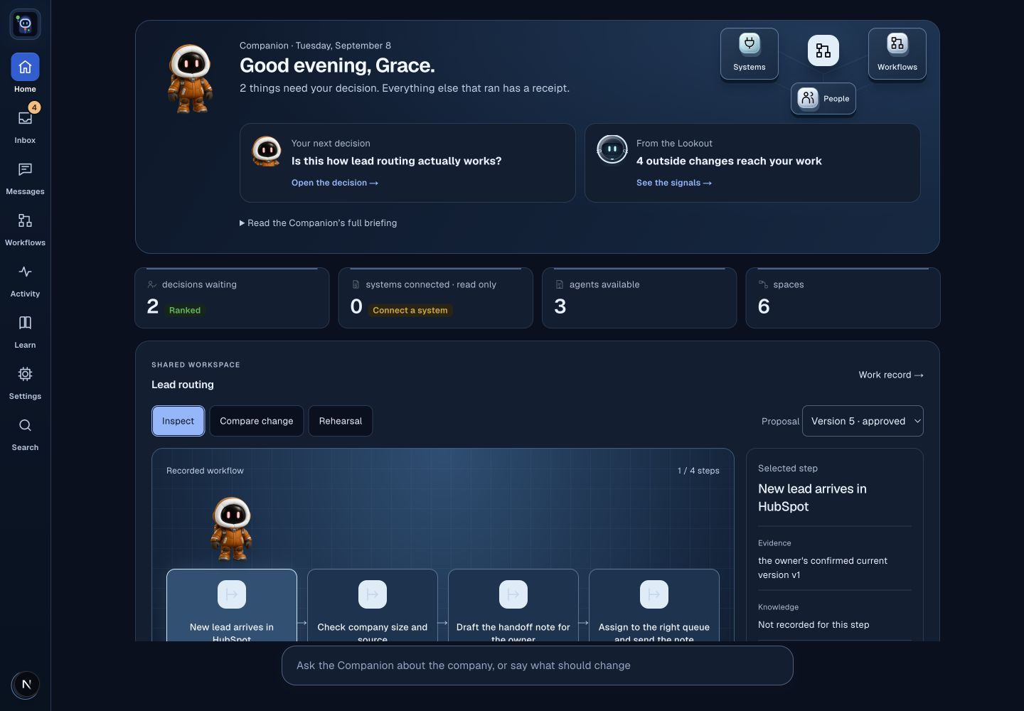 Parka Home with a Companion briefing, decision queue, outside changes and a visual lead-routing workflow. North Harbor demonstration workspace.